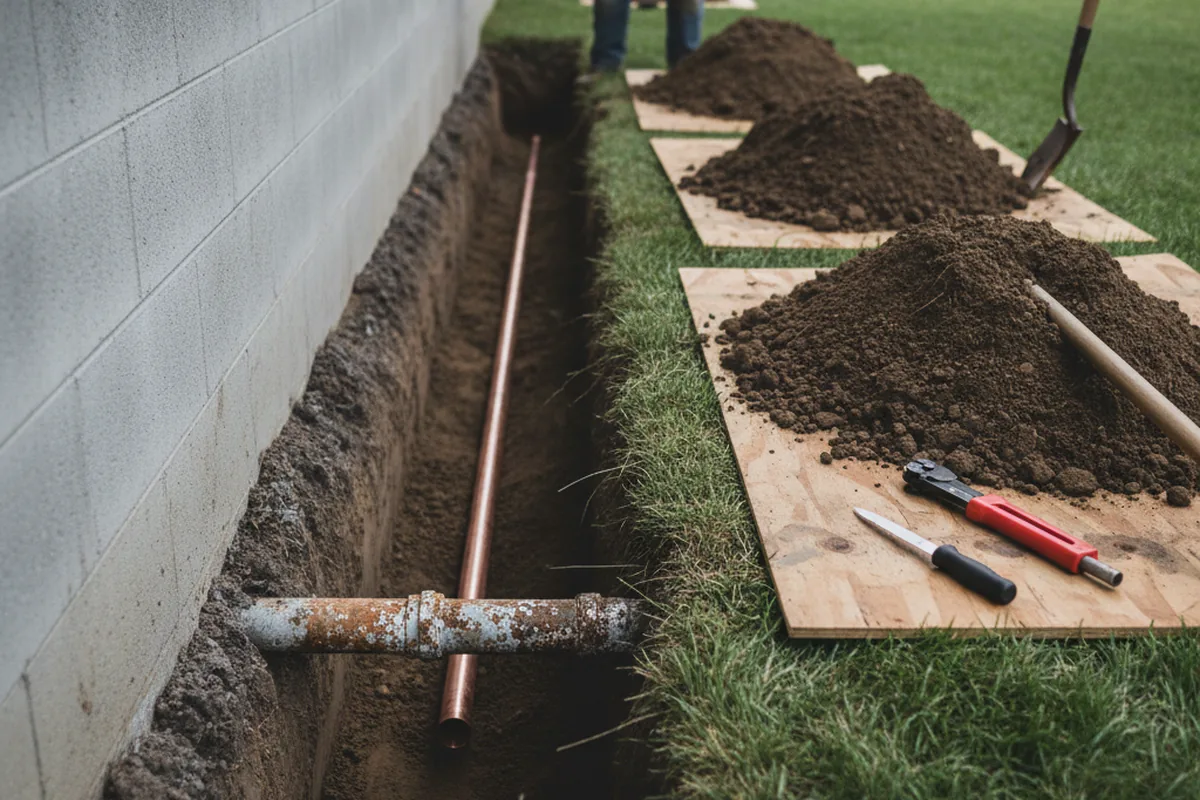 Excavated water line trench during Water Softener Installation in Corning